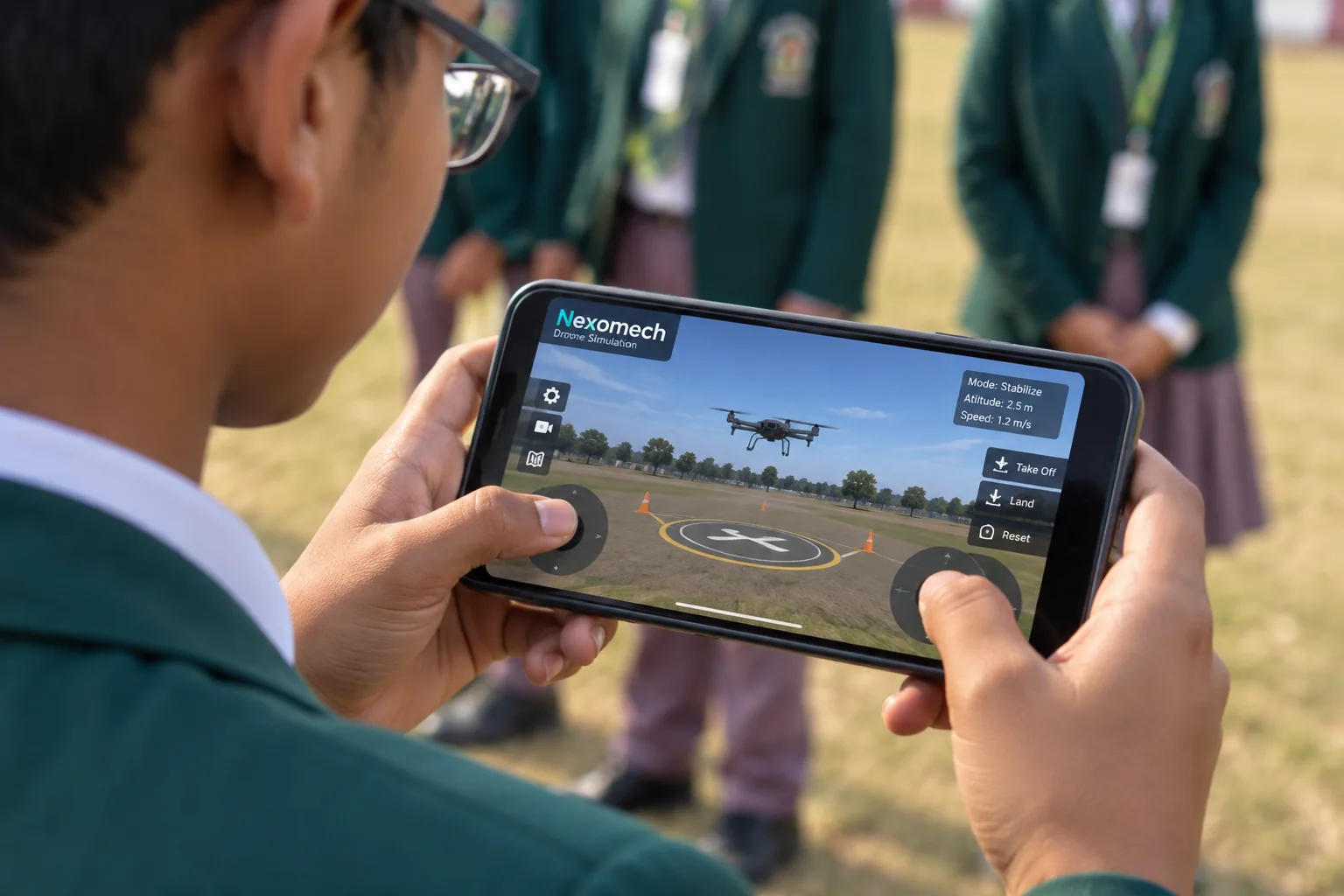 Student using Nexomech drone simulation on a mobile device