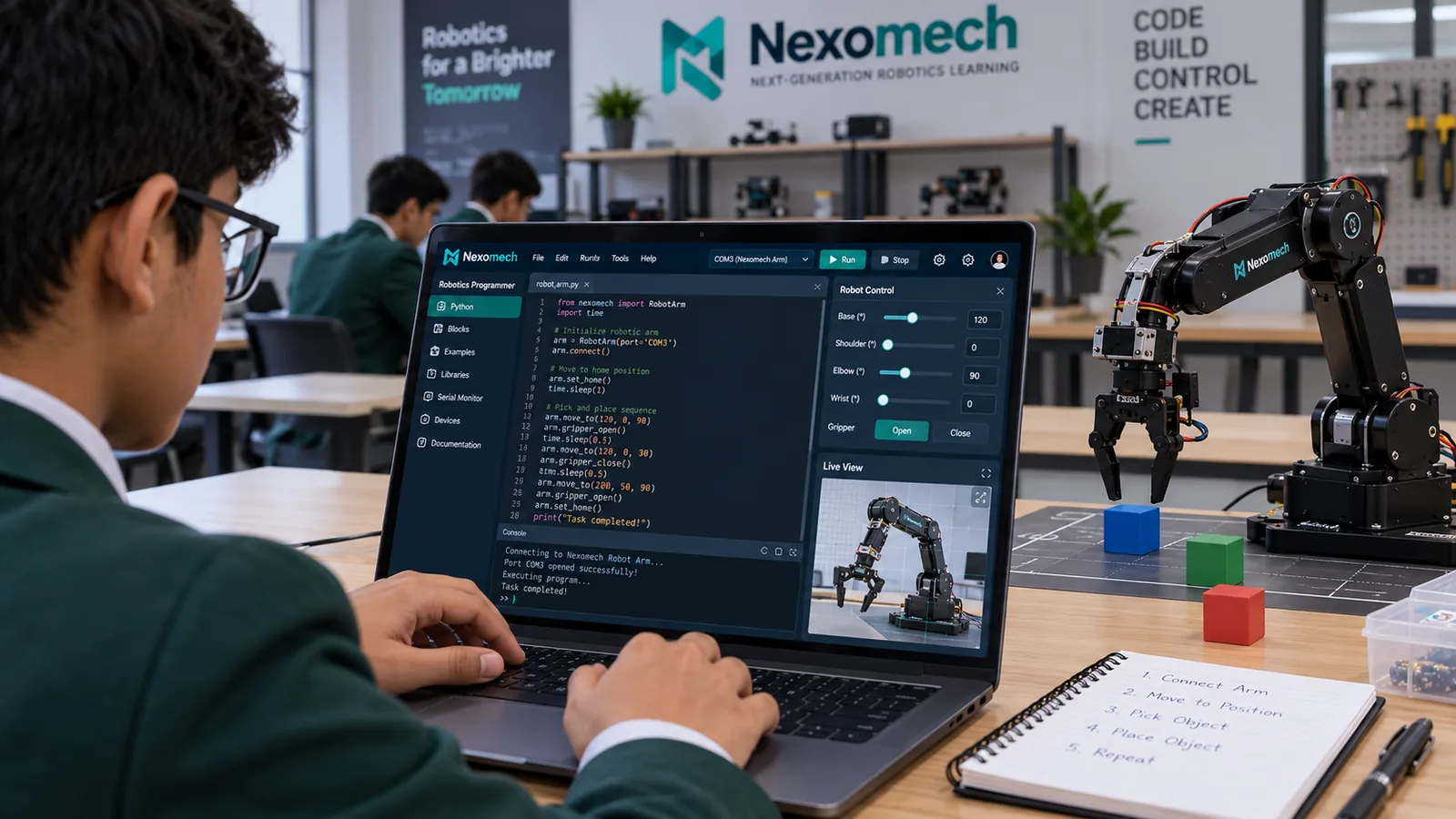 Student programming a robotic arm using Nexomech Robotics Programmer