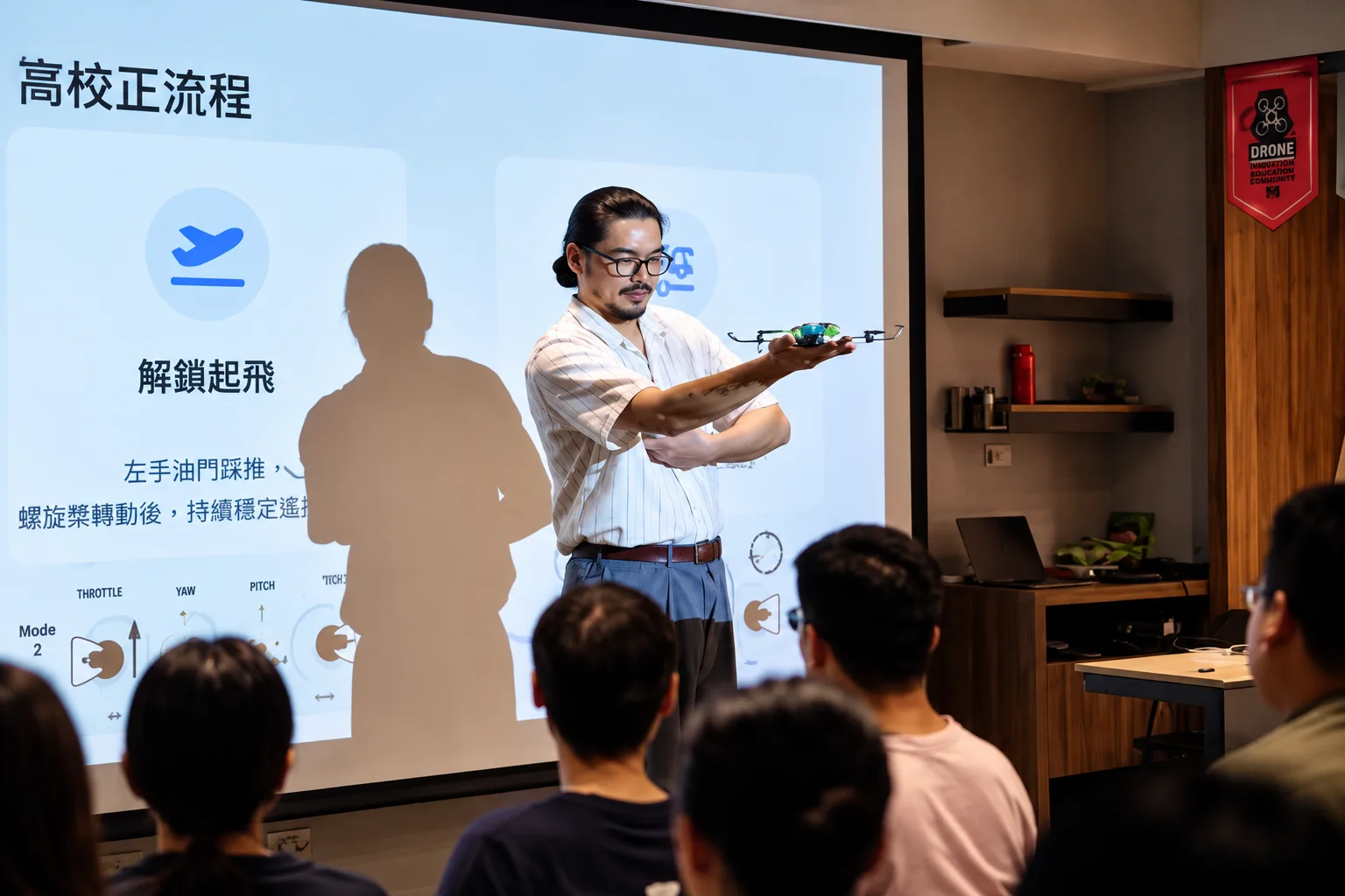 Teacher demonstrating technology to students in a classroom